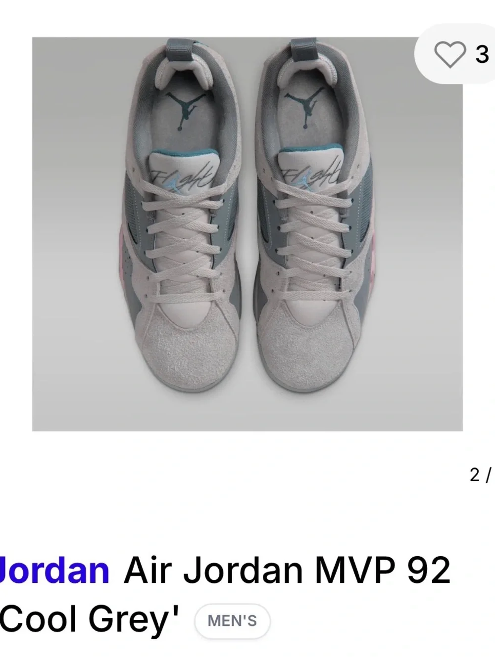 Jordan MVP 92 Low Men's Cool Grey Sneakers - Grey with Pink Accents